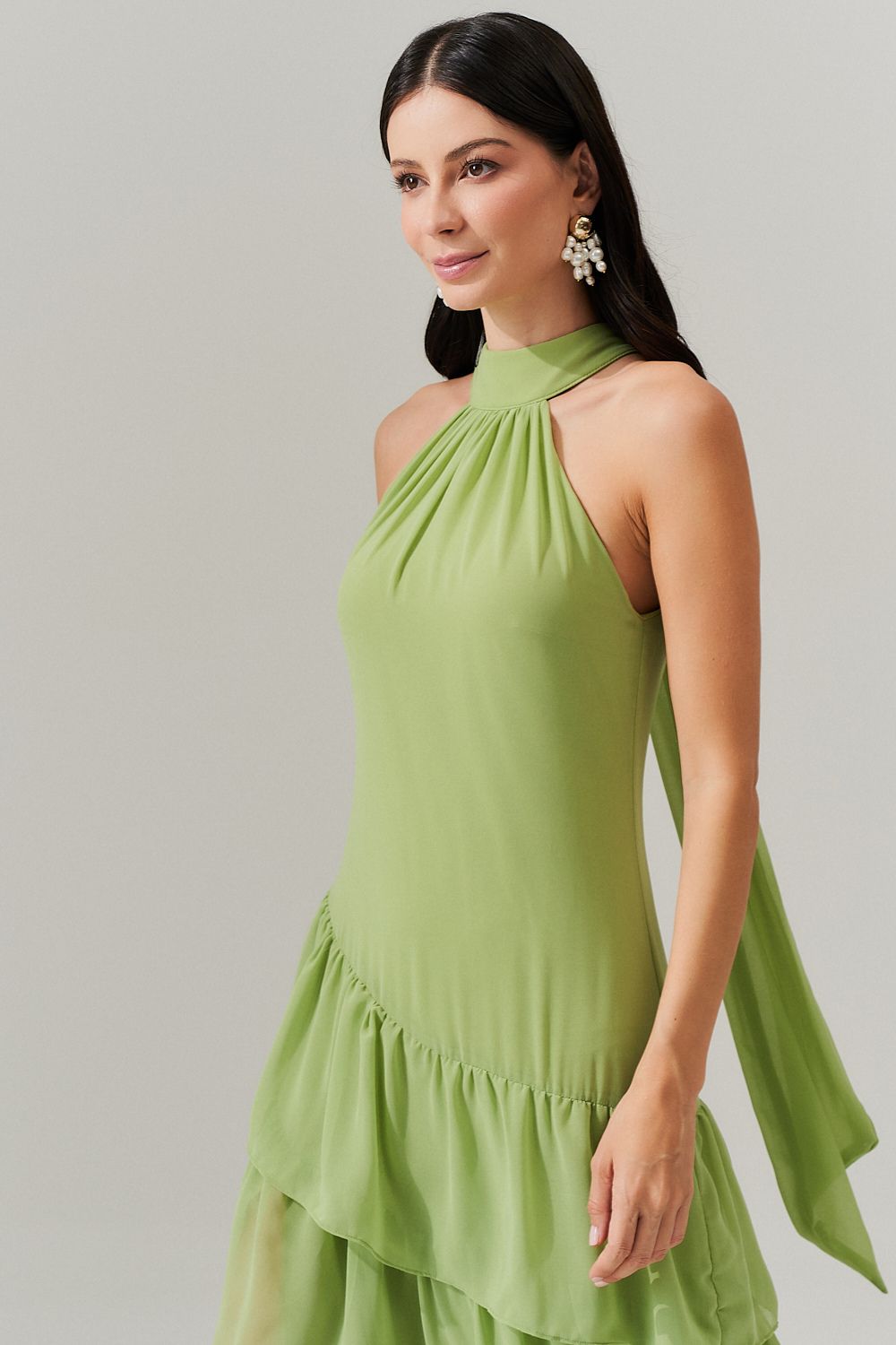 Vestido Longo Frente única com Camadas na Barra  - Stanley Verde Matchá