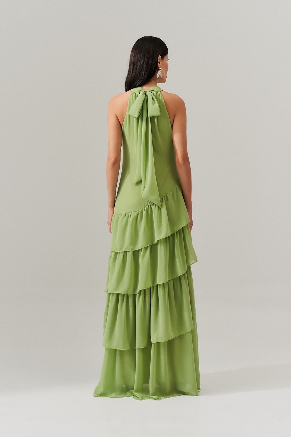 Vestido Longo Frente única com Camadas na Barra  - Stanley Verde Matchá