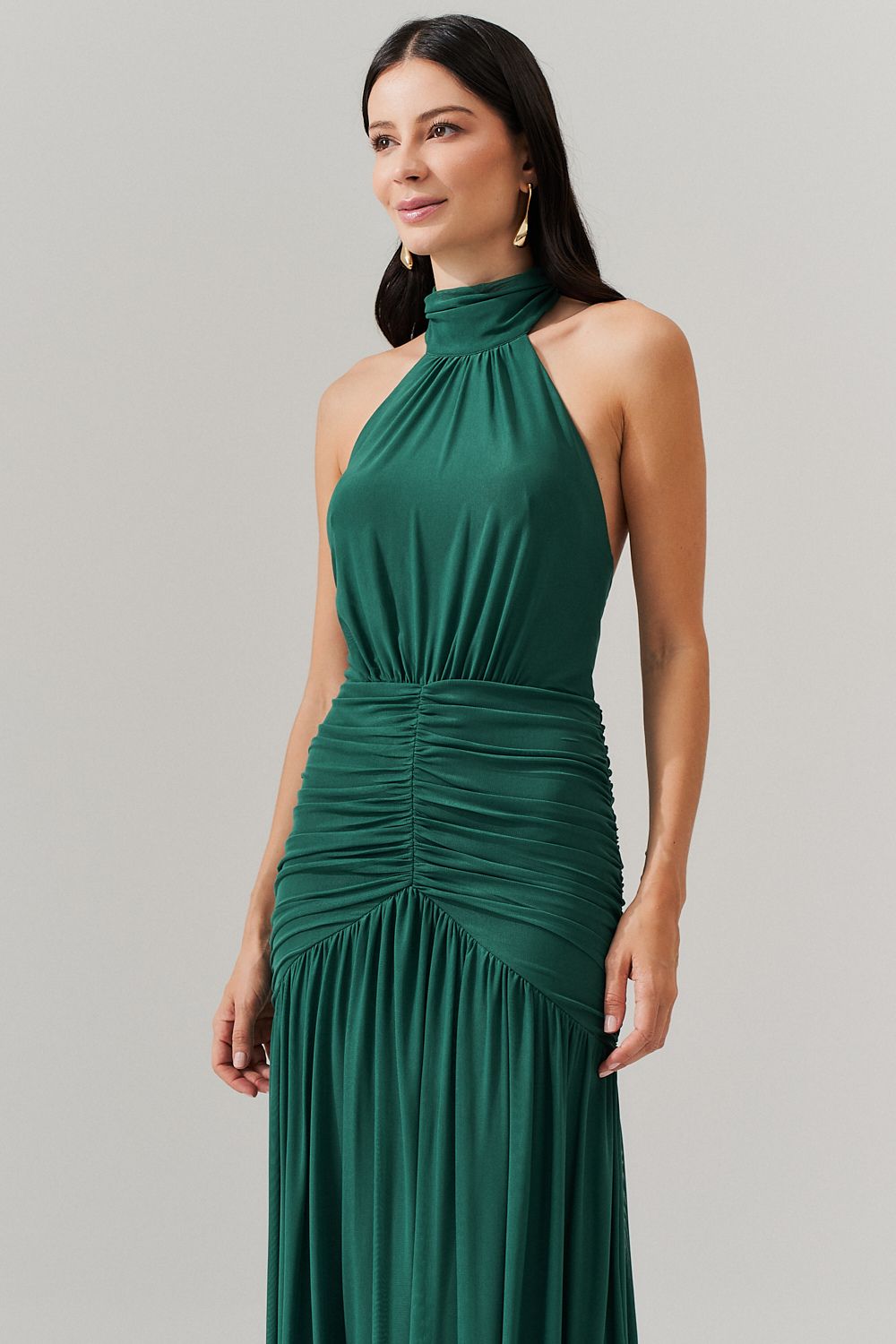 Vestido Longo Frente Única com Gola Franzida e Detalhe Drapeado na Saia - Pisa Bandeira