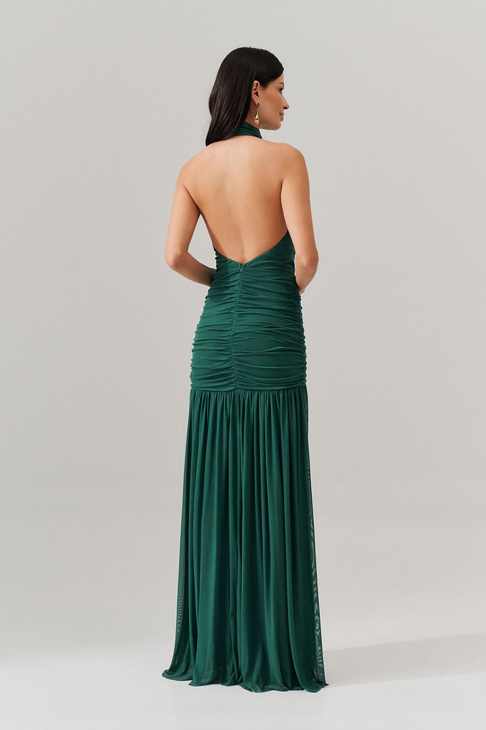 Vestido Longo Frente Única com Gola Franzida e Detalhe Drapeado na Saia - Pisa Bandeira