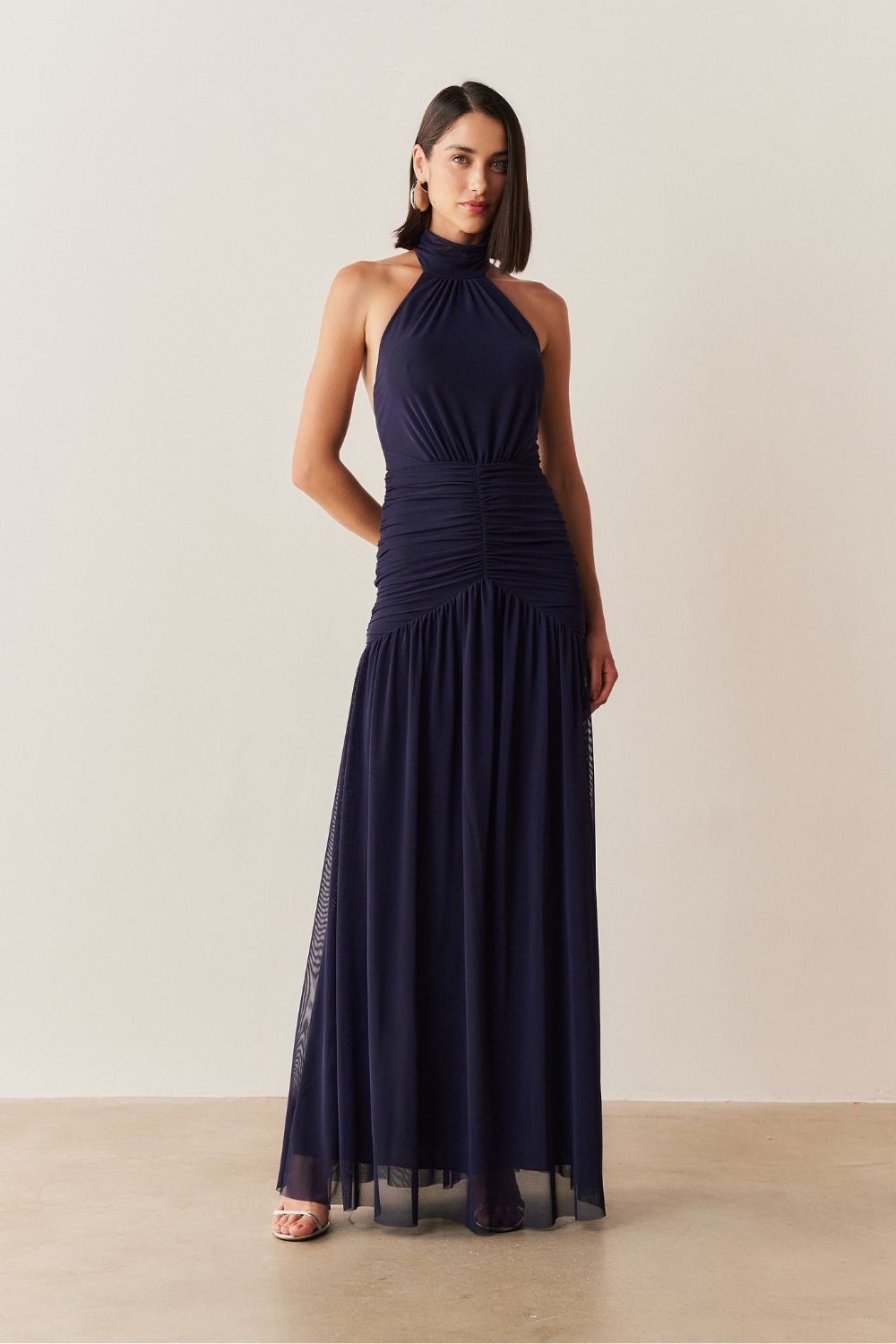 Vestido Longo Frente Única com Gola Franzida e Detalhe Drapeado na Saia - Pisa Marinho