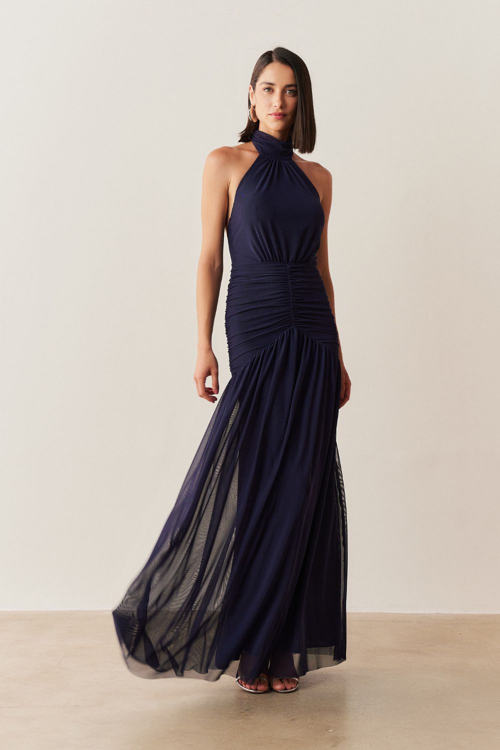Vestido Longo Frente Única com Gola Franzida e Detalhe Drapeado na Saia - Pisa Marinho