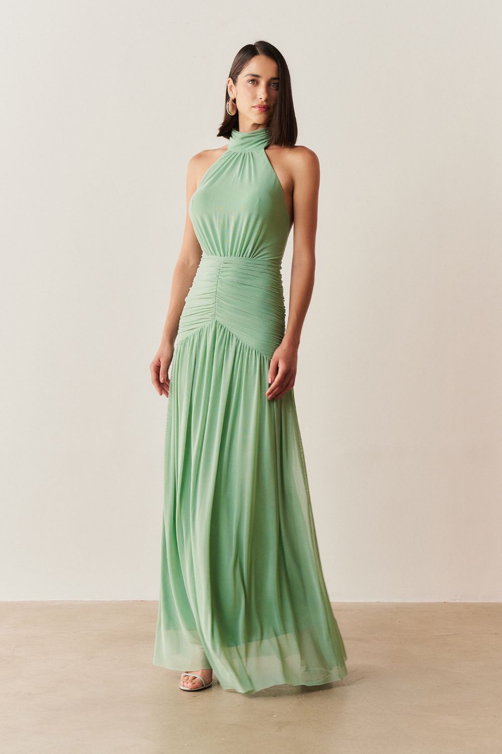 Vestido Longo Frente Única com Gola Franzida e Detalhe Drapeado na Saia - Pisa Menta