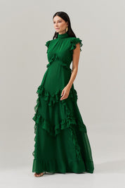 Vestido Longo Gola Alta, Recortes e Babados  - Monte Sinai Verde Bandeira