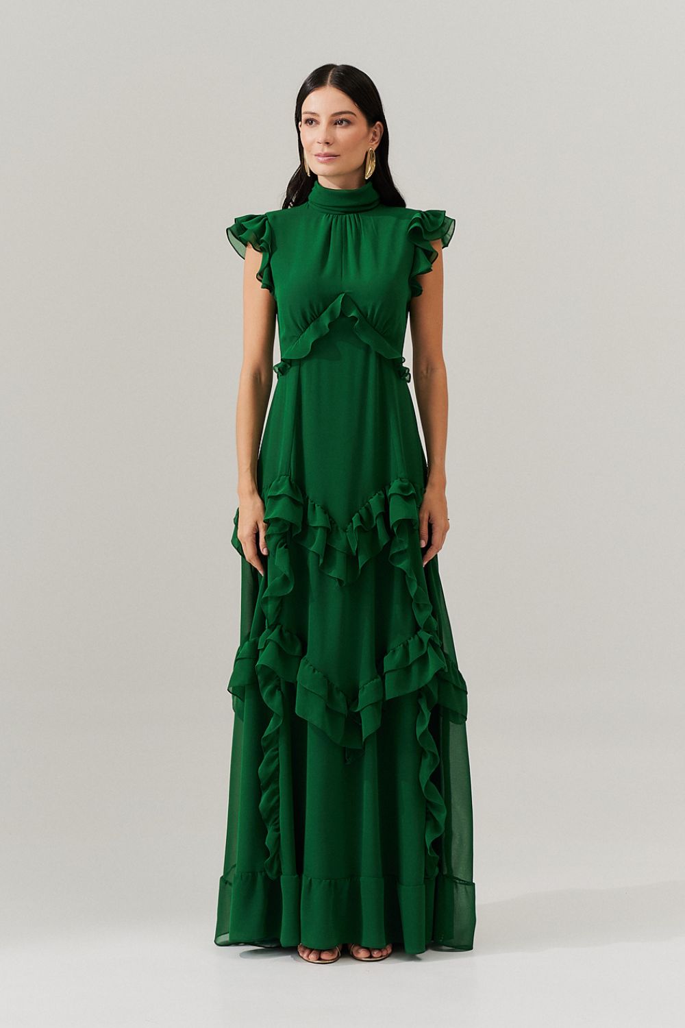 Vestido Longo Gola Alta, Recortes e Babados  - Monte Sinai Verde Bandeira