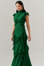 Vestido Longo Gola Alta, Recortes e Babados  - Monte Sinai Verde Bandeira