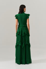 Vestido Longo Gola Alta, Recortes e Babados  - Monte Sinai Verde Bandeira