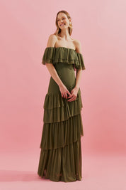 Vestido Longo Ombro a Ombro e Babados na Saia - Bulgária Verde Oliva
