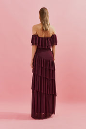 Vestido Longo Ombro a Ombro e Babados na Saia - Bulgária Marsala