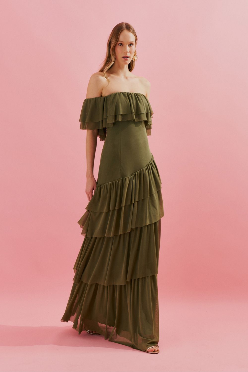 Vestido Longo Ombro a Ombro e Babados na Saia - Bulgária Verde Oliva