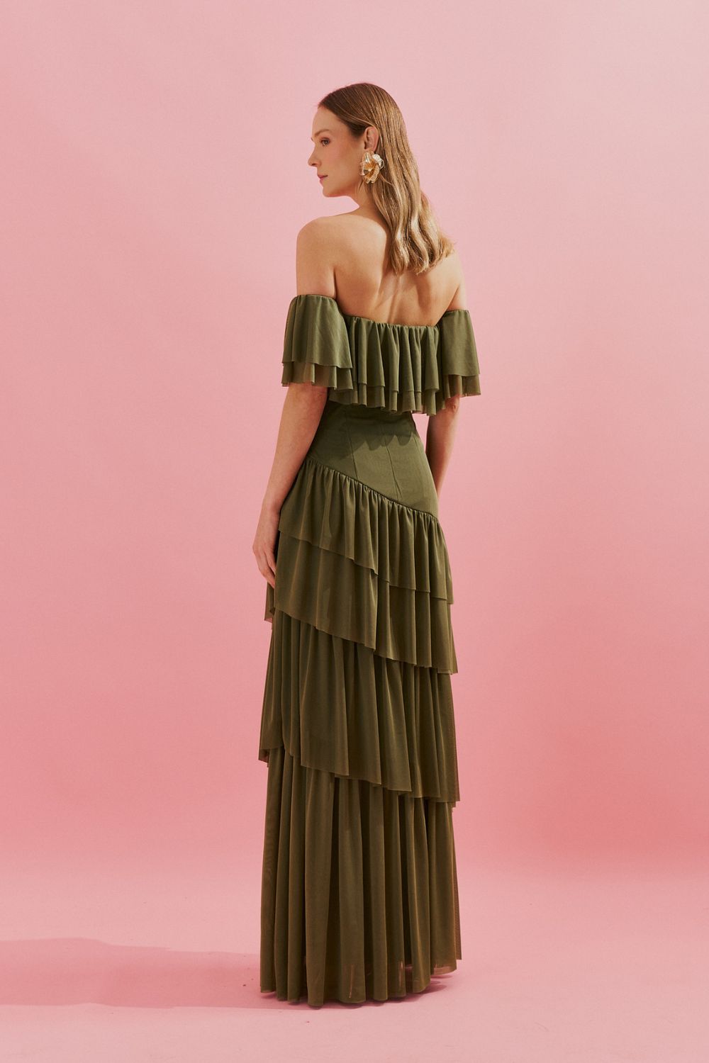 Vestido Longo Ombro a Ombro e Babados na Saia - Bulgária Verde Oliva