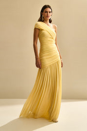 Vestido Longo Ombro Unico com Franzidos e Saia Ampla - Platina Amarelo