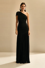 Vestido Longo Ombro Unico com Franzidos e Saia Ampla - Platina Preto