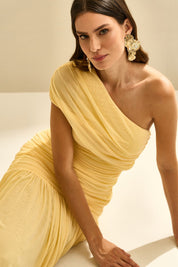 Vestido Longo Ombro Unico com Franzidos e Saia Ampla - Platina Amarelo