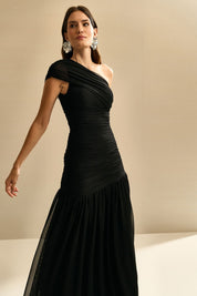 Vestido Longo Ombro Unico com Franzidos e Saia Ampla - Platina Preto