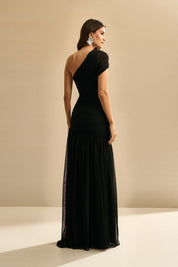 Vestido Longo Ombro Unico com Franzidos e Saia Ampla - Platina Preto