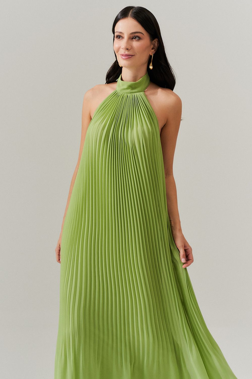 Vestido Longo Plissado Frente Única e Decote nas Costas  - Italia Matcha