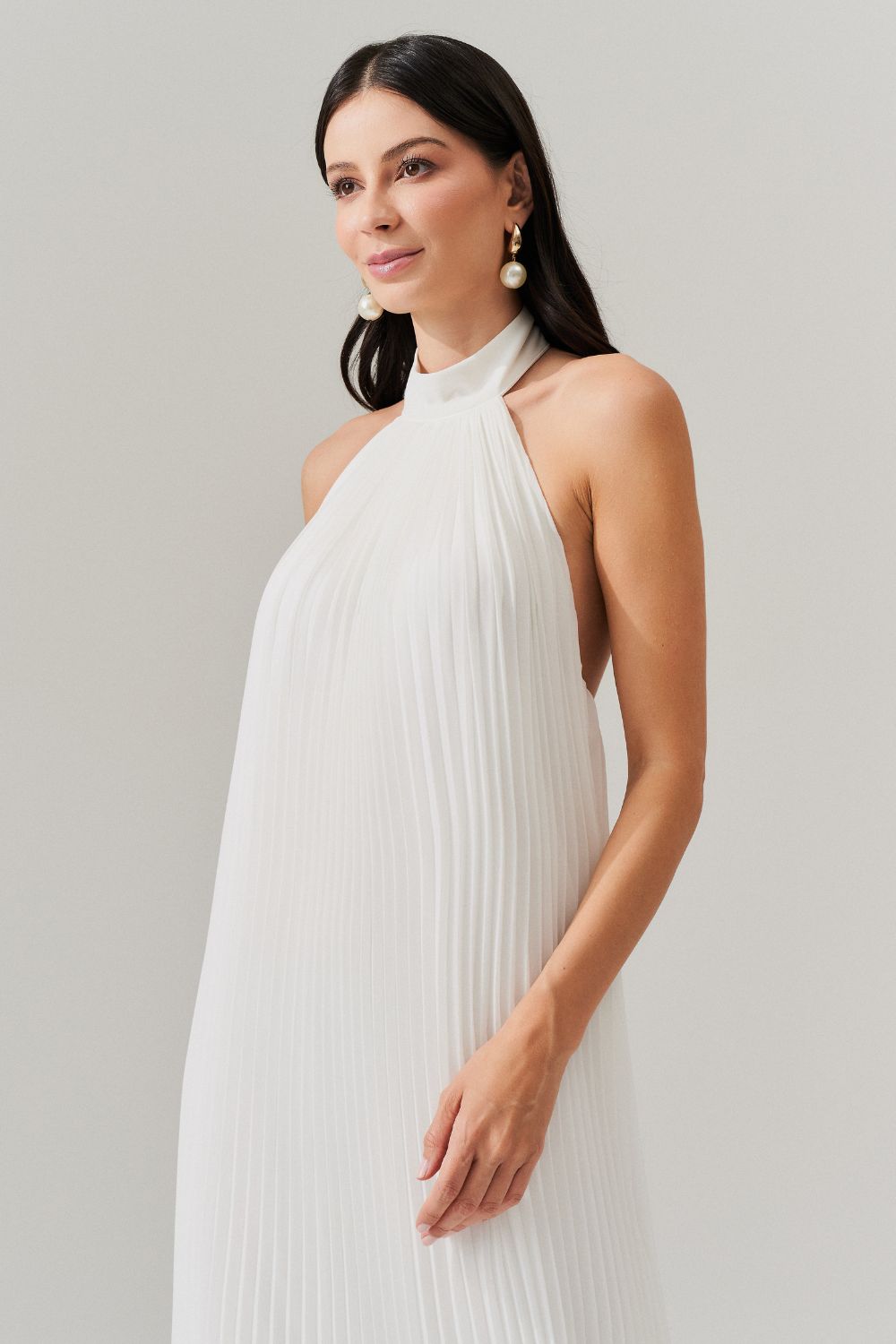 Vestido Longo Plissado Frente Única e Decote nas Costas  - Italia Off White