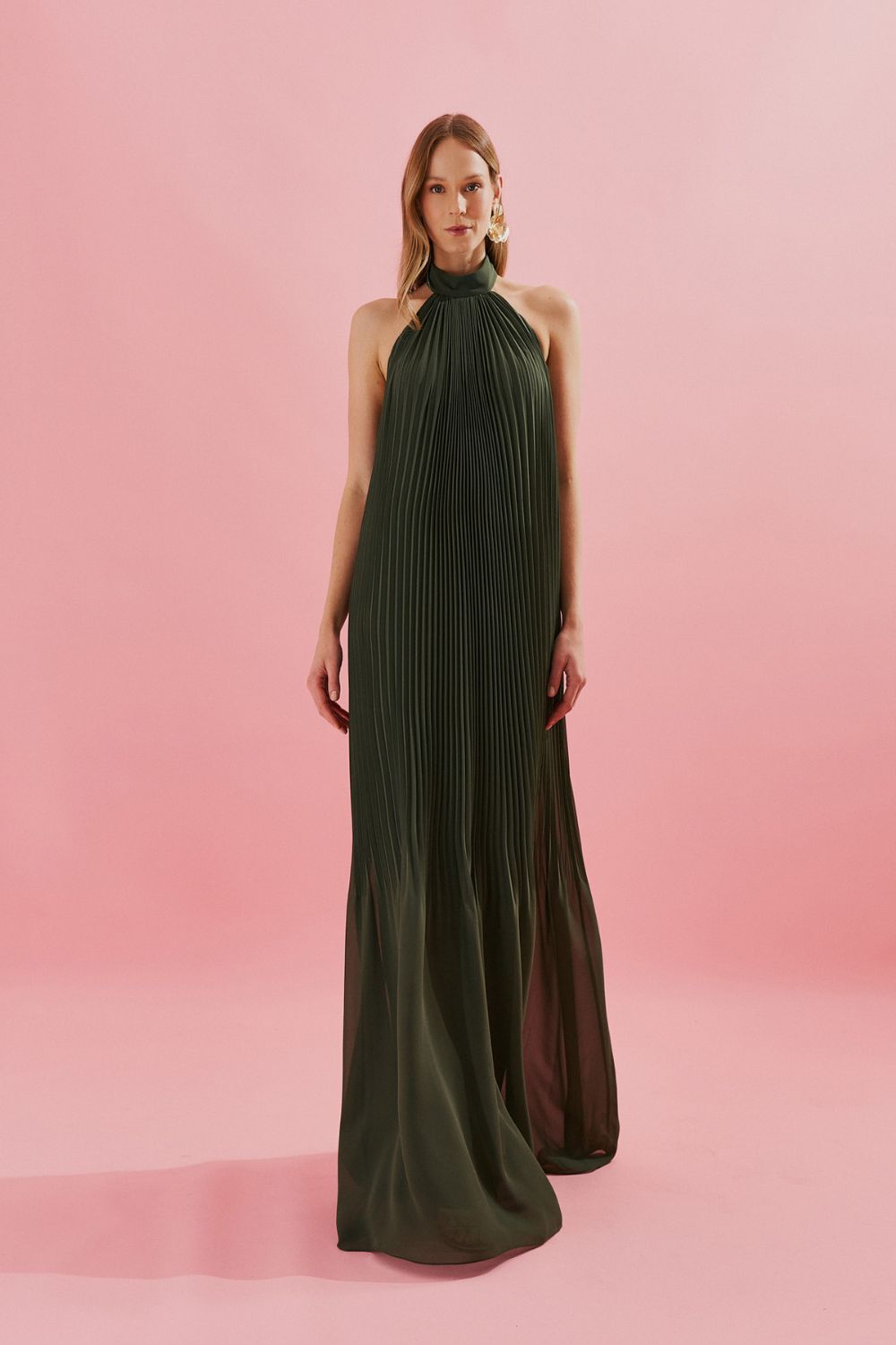 Vestido Longo Plissado Frente Única e Decote nas Costas  - Italia Oliva