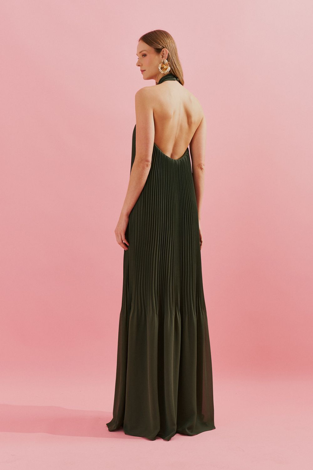 Vestido Longo Plissado Frente Única e Decote nas Costas  - Italia Oliva