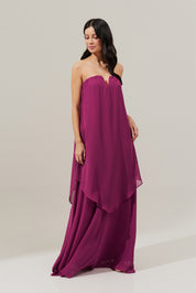 Vestido Longo Sem Alça com Detalhe no Decote e Camadas Assimétricas - Trancoso Fúcsia