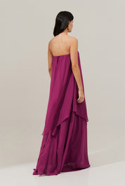 Vestido Longo Sem Alça com Detalhe no Decote e Camadas Assimétricas - Trancoso Fúcsia