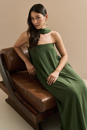 Vestido Longo Sem Alça com Echarpe - Mumbai Oliva