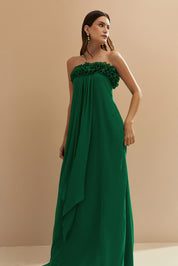 Vestido Longo sem Alça em Chiffon com Babados no Decote e Calda Frontal - Armênia Verde Bandeira