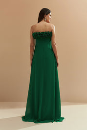 Vestido Longo sem Alça em Chiffon com Babados no Decote e Calda Frontal - Armênia Verde Bandeira