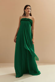 Vestido Longo sem Alça em Chiffon com Babados no Decote e Calda Frontal - Armênia Verde Bandeira