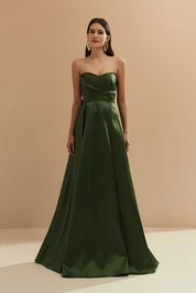 Vestido Longo com Decote Semi Coração, Alça Removível e Pregas na Saia e Busto - Santorini Verde Oliva