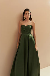 Vestido Longo com Decote Semi Coração, Alça Removível e Pregas na Saia e Busto - Santorini Verde Oliva
