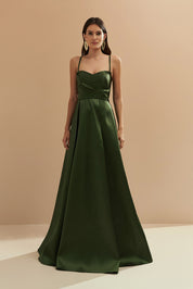 Vestido Longo com Decote Semi Coração, Alça Removível e Pregas na Saia e Busto - Santorini Verde Oliva