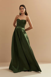 Vestido Longo com Decote Semi Coração, Alça Removível e Pregas na Saia e Busto - Santorini Verde Oliva