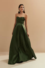 Vestido Longo com Decote Semi Coração, Alça Removível e Pregas na Saia e Busto - Santorini Verde Oliva