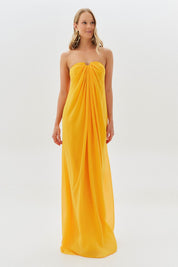 Vestido Longo sem Alça com Argola e Franzidos no Decote - Munique Amarelo Manga