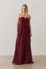 Vestido Longo sem Alça com Argola e Franzidos no Decote - Munique Marsala