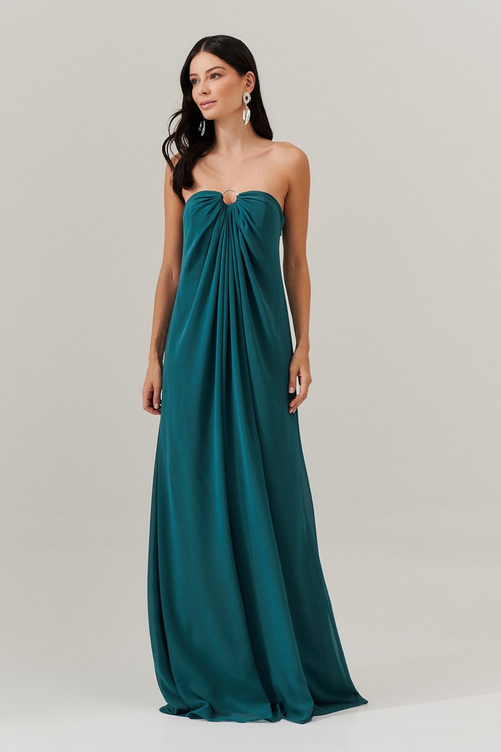 Vestido Longo sem Alça com Argola e Franzidos no Decote - Munique Petroleo