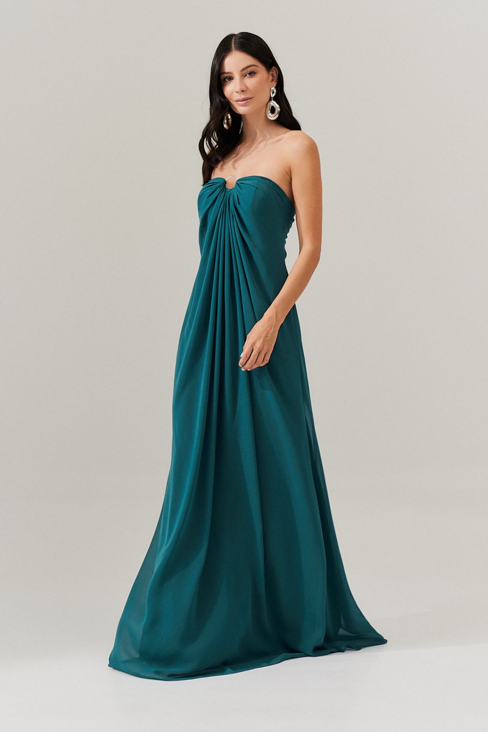 Vestido Longo sem Alça com Argola e Franzidos no Decote - Munique Petroleo