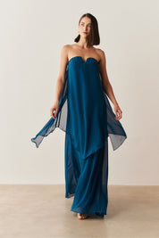 Vestido Longo Sem Alça com Detalhe no Decote e Camadas Assimétricas - Trancoso Azul Safira