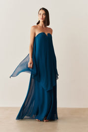 Vestido Longo Sem Alça com Detalhe no Decote e Camadas Assimétricas - Trancoso Azul Safira