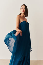 Vestido Longo Sem Alça com Detalhe no Decote e Camadas Assimétricas - Trancoso Azul Safira