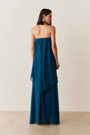 Vestido Longo Sem Alça com Detalhe no Decote e Camadas Assimétricas - Trancoso Azul Safira