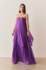 Vestido Longo Sem Alça com Detalhe no Decote e Camadas Assimétricas - Trancoso Roxo