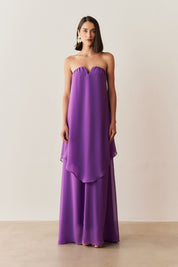 Vestido Longo Sem Alça com Detalhe no Decote e Camadas Assimétricas - Trancoso Roxo