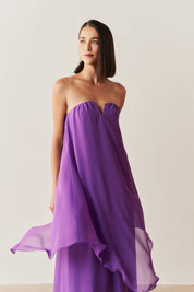 Vestido Longo Sem Alça com Detalhe no Decote e Camadas Assimétricas - Trancoso Roxo