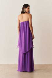 Vestido Longo Sem Alça com Detalhe no Decote e Camadas Assimétricas - Trancoso Roxo