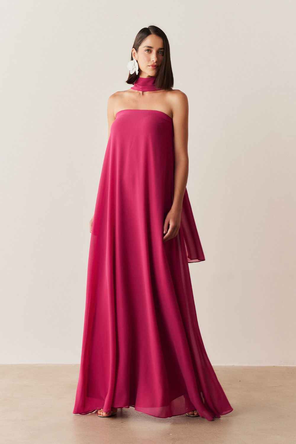 Vestido Longo Sem Alça com Echarpe - Mumbai Fúcsia Framboesa