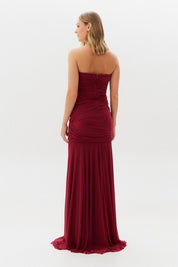 Vestido Longo, Sem Alça, Detalhes em Trança e Saia Franzida - Veneto Marsala