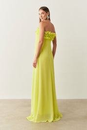 Vestido Longo sem Alça em Chiffon com Babados no Decote e Calda Frontal - Armênia Lima